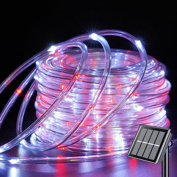 YEGUO Solar Rope Light Outdoor Waterproof, 66ft 200 LED Red and White String Lights, 8 Modes Tube Christmas Lights in Clear Thin Tube