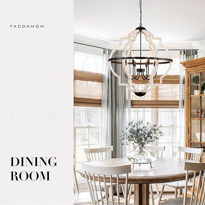 31.5'' 8-Light Farmhouse Chandelier for Dining Room Vintage Rustic White Wood Pendant Light Fixtures Globe Hanging Ceiling Lighting for Hallway Entry