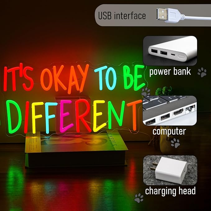 It's Okay To Be Different Neon Sign Multiple Colors Words Light Sign Dimmable Inspirational Affirmation Neon Light for Wall Decor Office Bedroom Pub Party Shop(16.54 * 8.66In)