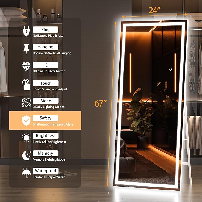 Hasipu Full Length Mirror with Lights, 66.9" x 23.6" LED Lighted Floor Standing, Full Body Dressing Hanging Mounted Mirror, Tempered Glass