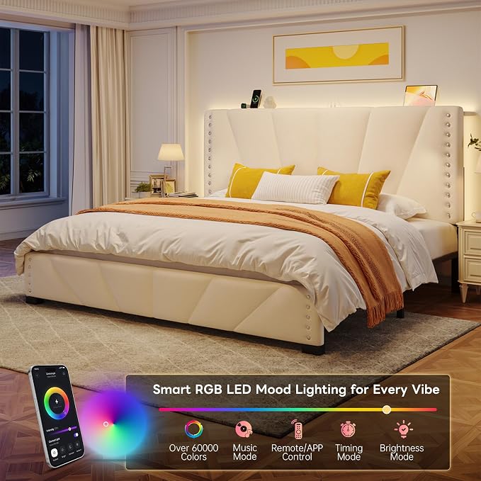 EnHomee King Size Bed Frame with Velvet Headboard, LED Lights & USB, Beige | Adjustable Velvet Headboard, Under-Bed Space,Heavy Duty Support with 12 Silent Slats, No Box Spring Needed, Easy Assembly