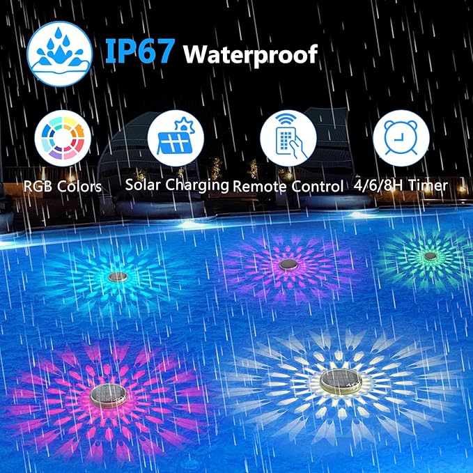 Solar Powered Floating Pool Lights(4 Pack), Pool Lights That Float with Remote Control, 12 Lighting, Timing Mode, IP67 Waterproof for Inground/Above Ground Pool, Pool Party, Bathroom, Bathtub, Garden