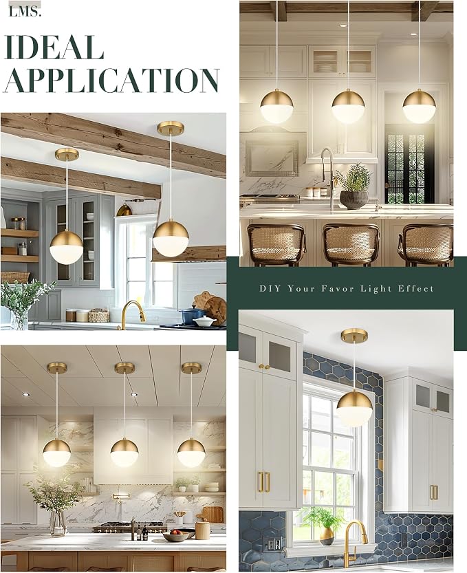 Mid Century Pendant Lights, Brushed Gold Kitchen Island Light Fixtures with White Globe Glass Shade, Adjustable Hanging Cord, 3-Pack for Home Office Dining Room Bathroom, LMS-186PL-BGWS3PK