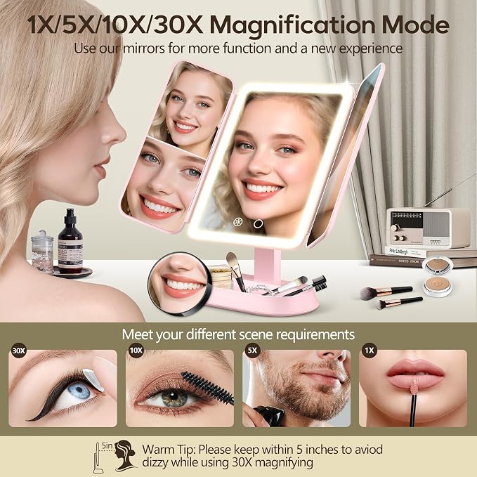 Makeup Mirror with Lights and 30X/10X/5X Magnification, Vanity Mirror with 3 Color Lights, Rechargeable, Detachable, Lighted Makeup Mirror with Magnification, Trifold Mirror, Gifts for Women