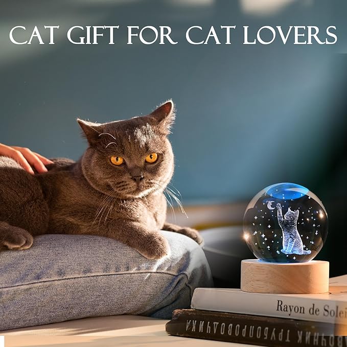 IFOLAINA 3D Cat Themed Gifts for Women Friends Cat Lovers Presents 2.36" Engraved Crystal Ball with Wooden Light Base Crystal Pet Sphere Decor