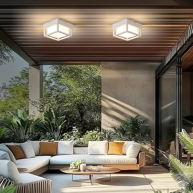 Small Outdoor Flush Mount LED Ceiling Light Exterior Porch Light Ceiling Mounted for Patio Balcony Terrace, 3000K Warm, 125w Equivalent, White, 6.3”x6.3”x4.3”