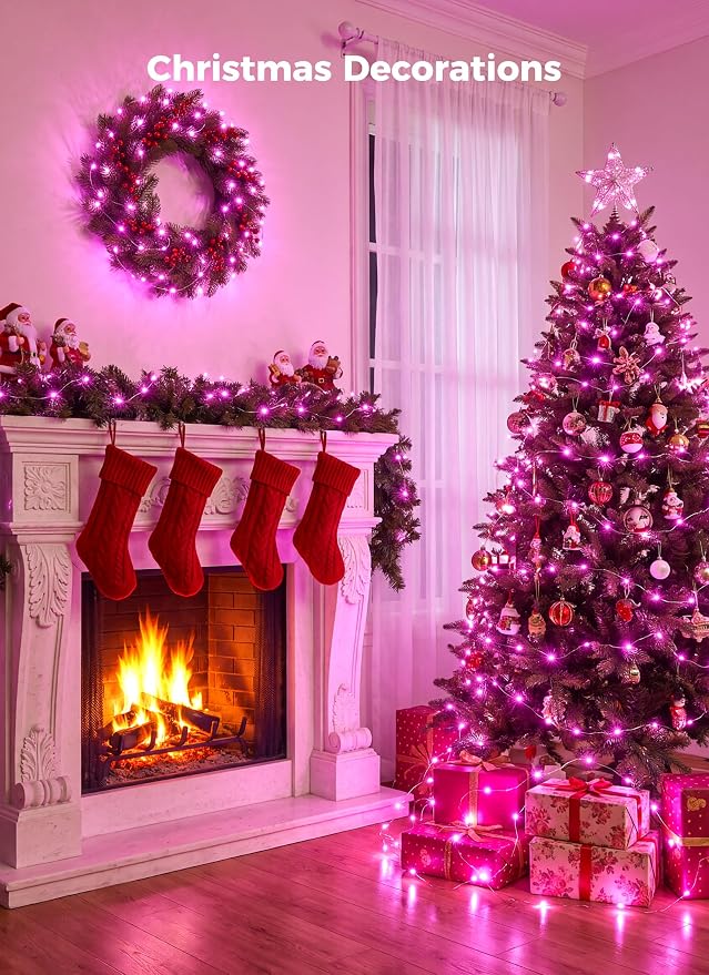 Pink Fairy Lights Plug in, 33Ft 100 LEDs Waterproof Silver Wire Firefly Valentine's Lights, Adaptor Included, Starry String Lights for Wedding Indoor Outdoor Patio Garden Valentine's Day Decoration