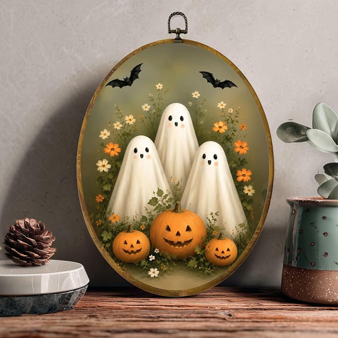 Cute Ghost Pumpkin Oval Wall Art, Framed Canvas Decor, 8.5x11.5 Inch | Three cute ghosts, jack o lantern pumpkins, bats and floral garden Halloween decor
