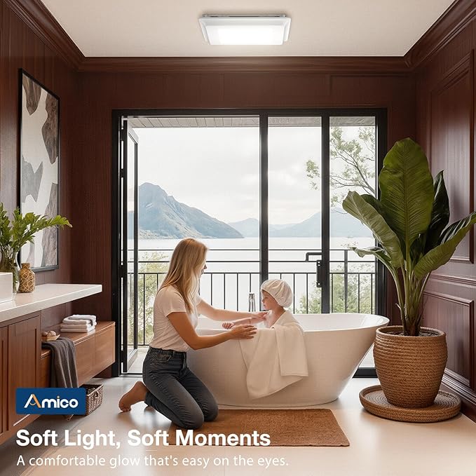 Amico Bathroom Exhaust Fan with Light, 80 CFM, 0.9 Sones, 1000LM, 5CCT, Easy Install, Ceiling Mount Shower Bathroom Fan, Adjustable Exhaust Vent with light, ETL & FCC Certified