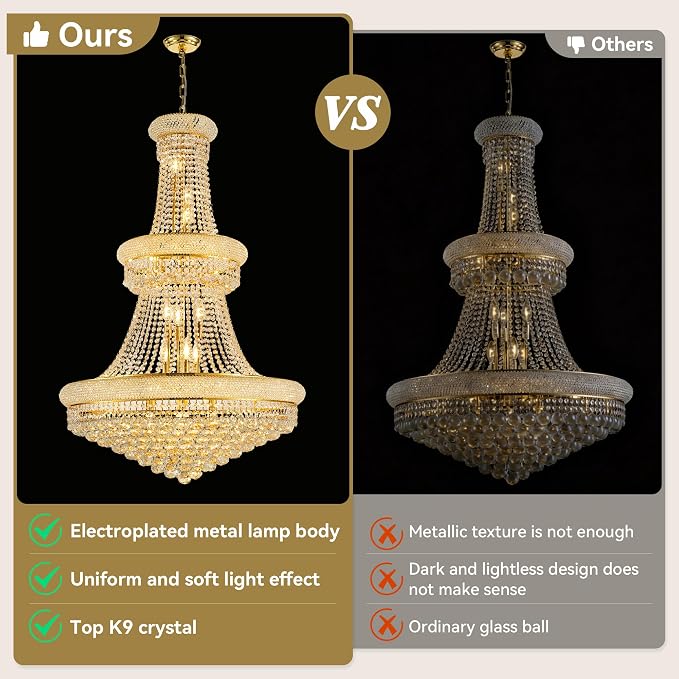32" W 27 Light Luxury Foyer Chandeliers, Unique Empire K9 Crystal Chandelier for High Ceiling Foyer Entryway Living Room (Gold)