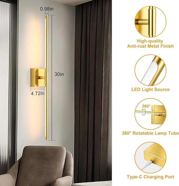 Morauroral Painted Gold Battery Operated Wall Sconces with Remote Control, Rechargeable Wall Sconces Set of 2, LED Sconces Wall Lighting, Wireless Wall Lights for Bedroom, Living Room, Background Wall