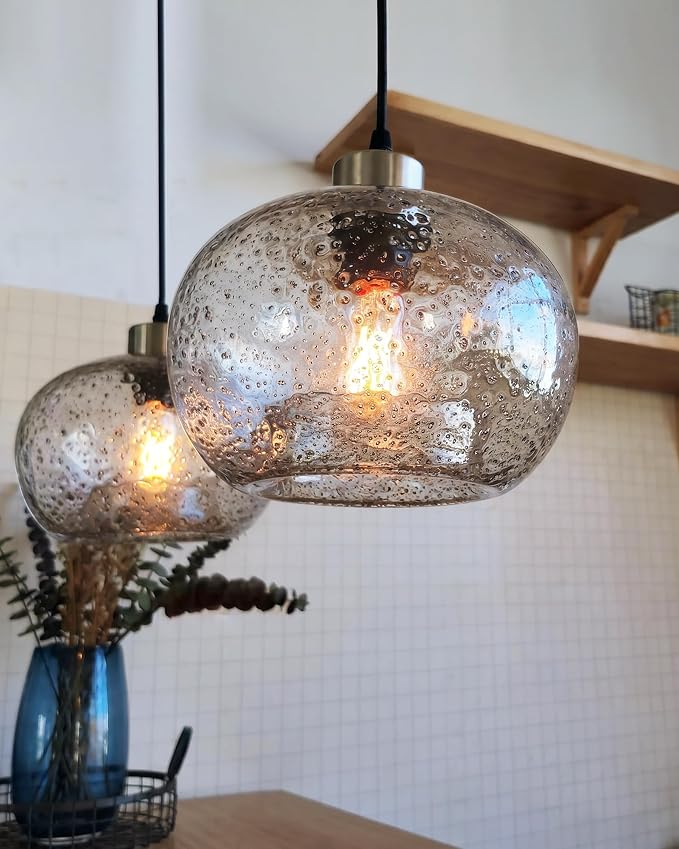 Glass Pendant Light, Clear Black Seeded, Brushed Nickel | HandBlown Ceiling Hanging Fixtures Dimmable Kitchen Island Sink Bar,Adjustable Cord,Lamp 8.7 Inch D