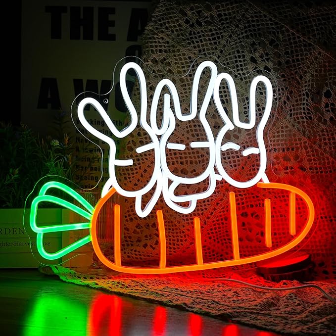 Rabbit Carrots Neon Sign Led Easter Neon Light For Wall Decor Light Up Carrots Sign USB Powered Rabbit Neon Light Signs For Art Restaurant Easter Party Animal kindergarten Room Childrens Birthday Gifts (16.9‘’*12.6‘’）