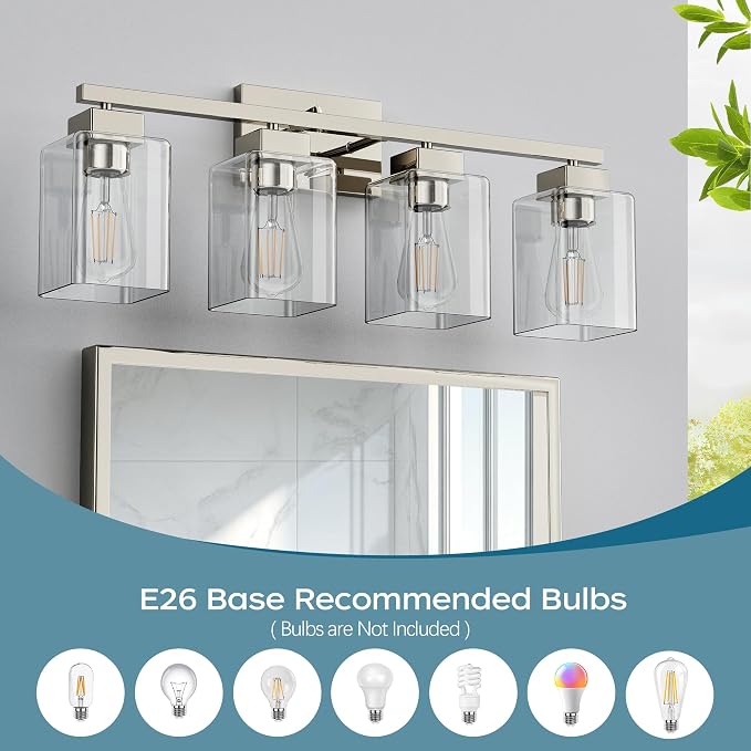 4-Light Bathroom Light Fixtures, Brushed Nickel Modern Vanity Lights, Bathroom Lighting Fixtures Over Mirror, Square Design Farmhouse Wall Sconces with Clear Glass Shades
