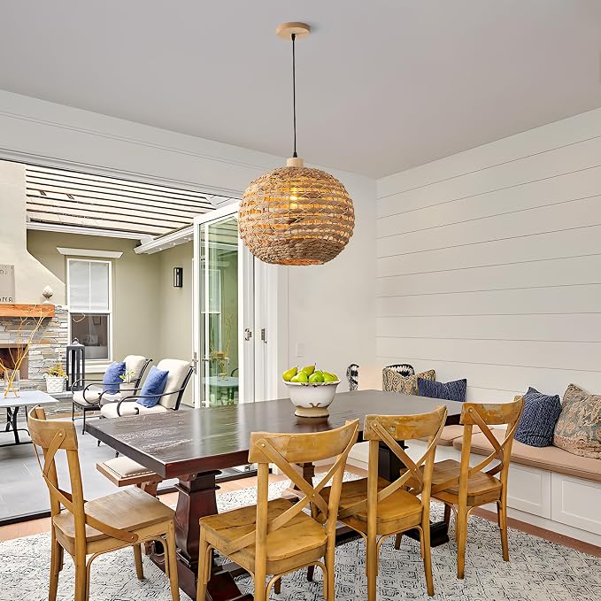 Boho Pendant Lights Kitchen Island Rattan Lights Fixture for Dining Room 15.8" Hand-Woven Chandelier Weaving Hanging Ceiling Light for Restaurant Living Room Bedroom Foyer Hallway