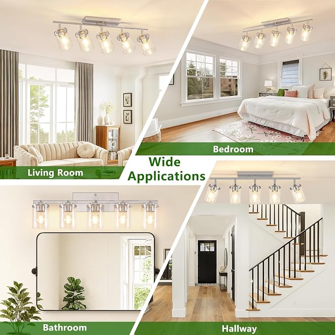 FadimiKoo 5-Lights Brushed Nickel Track Ceiling Light Fixtures, Modern Close to Ceiling Light with Clear Glass Shade, Large Hallway Lighting Fixtures for Dining Room Kitchen Living Room