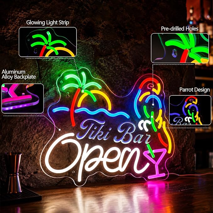 Bar Open Neon Sign for Wall Decor, USB Powered Dimmable LED Open Sign for Business, Tropical Open Neon Signs with Parrot & Palm Tree for Man Cave/Pub//Party/Office/Home Wall Decor (White)