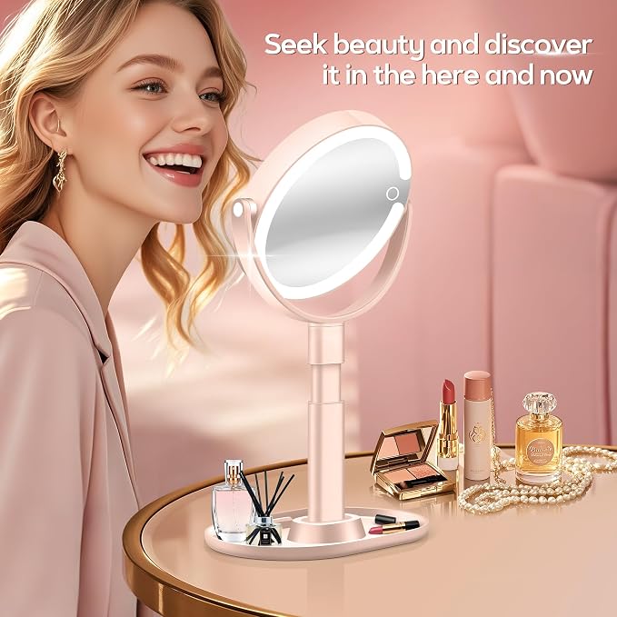 Makeup Mirror with Lights, Lighted Magnifying Mirror 30X with 3 Lighting and Adjustable Brightness, 2-Sided Height Adjustable Vanity Mirror for Bathroom, Gifts for Women Pink