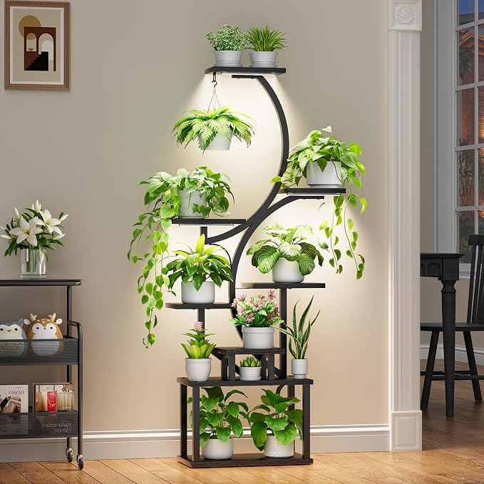 BACEKOLL Plant Stand Indoor with Grow Light, 8 Tier Corner Plant Shelf Tall | 62" Lighted Flower Holder for Plant Multiple, Space-Saving Beautiful Display Growing Rack for Home Patio, Sturdy Metal, Black