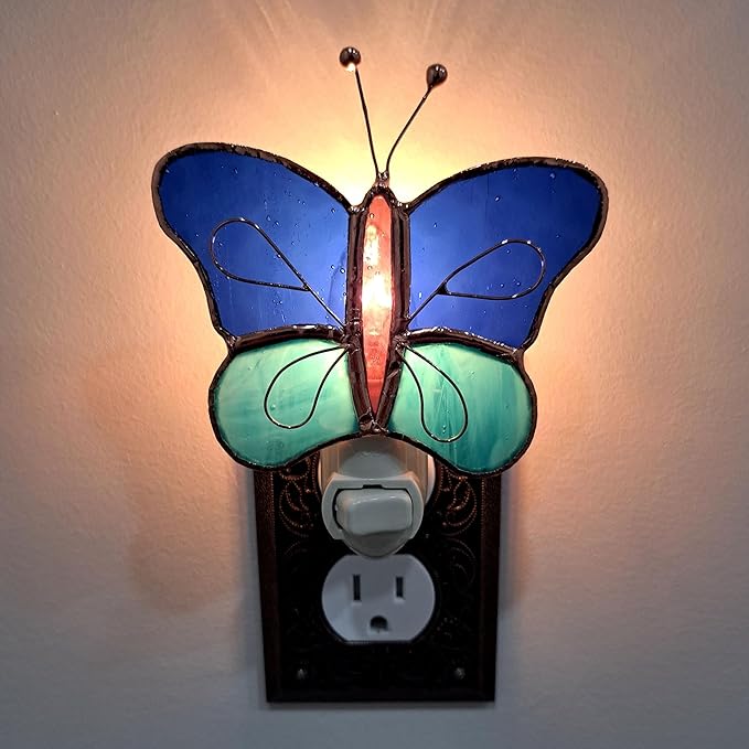 Gift Essentials Blue and Aqua Butterfly Plug in Night Light - Stained Glass Nightlight with On/Off Rocker Switch - Includes One 4 Watt Replaceable Incandescent Warm Glow Bulb