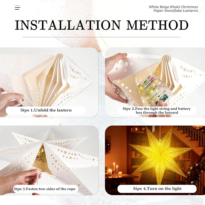 Large Paper Star Lanterns with Lights, 3D 7 Pointed Christmas Paper Lanterns, 3Pcs Foldable Decorative Christmas Hanging Decorations for Xmas Wedding New Year Party Home Decor Indoor, 24/18 Inch