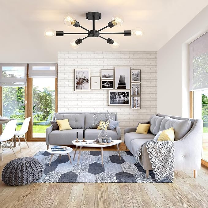 Lomoky 6-Lights Semi Flush Mount Ceiling Light, Matte Black Close to Ceiling Lighting with E26 Base, Modern Sputnik Light Fixtures for Kitchen Dining Room Bedroom Living Room