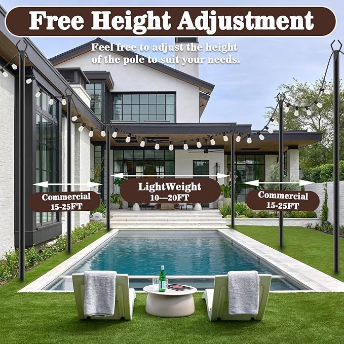 10Ft Exterior Light Poles 10 Pack, Durable Metal String Light Posts for Outdoor Use, Equipped with Fixed Brackets for Yard, Terrace, Backyard and Garden Lighting Decor