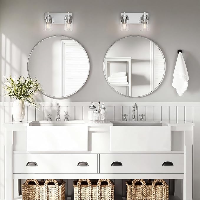 Bathroom Vanity Fixtures, 2 Light Matte Chrome Vanity Light with Clear Glass Shade, 15in Farmhouse wall Light, Lighting Fixture Over Mirror for Bathroom