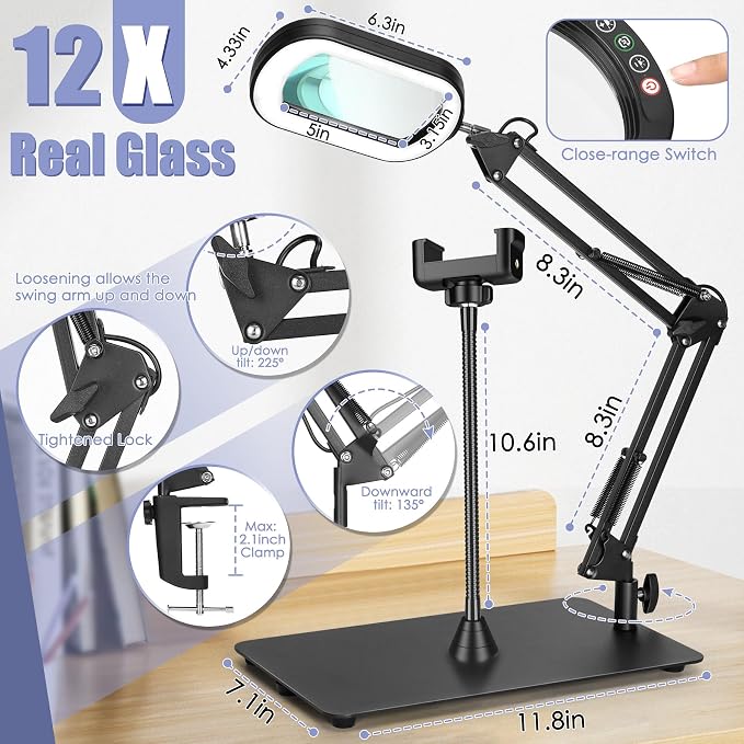 12X Square Magnifying Glass with Light and Stand, Real Glass LED Lighted Magnifier and Phone Holder, 5 Color Modes Stepless Dimmable, Hands-Free Desk Lamp for Craft Hobby Close Work Black and Holder