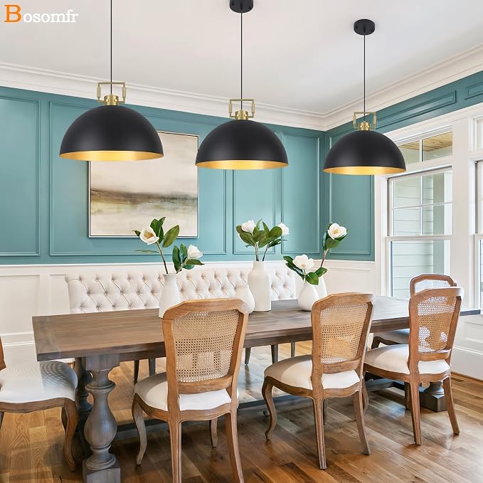 16" Farmhouse Pendant Light Fixture for Kitchen Island Black and Gold Large Dome Chandelier Light Modern Industrial Pendant Light Fixtures for Kitchen Island, Hallway, Dining Room, Bedroom