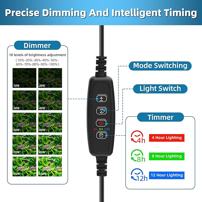 LED Submersible Aquarium Light 6W Underwater Fish Tank Light with Blue White&Blue and White Three Light Modes Timer Automatic On/Off and Dimmer Brightness Adjustable (11inch)