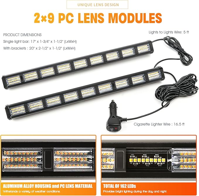 BooYu [Upgraded Switchable 4 Colors Emergency Strobe Traffic Advisor Light Bar 162 LED Windshield 2 in 1 Visor Safety Warning Hazard Flashing Lights for Firefighter Police Truck Vehicle (Amber/Green)