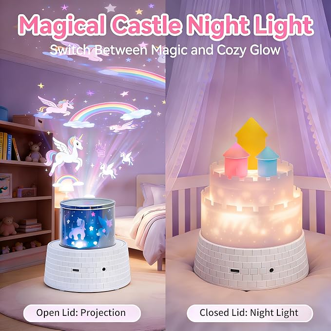 Princess Night Light for Kids - 360 Rotating Star Projector with 12 Music & 23 Films, Rechargeable 1800mAh Battery, Unicorn Lights for Girls Room, Kids' Birthday Gifts