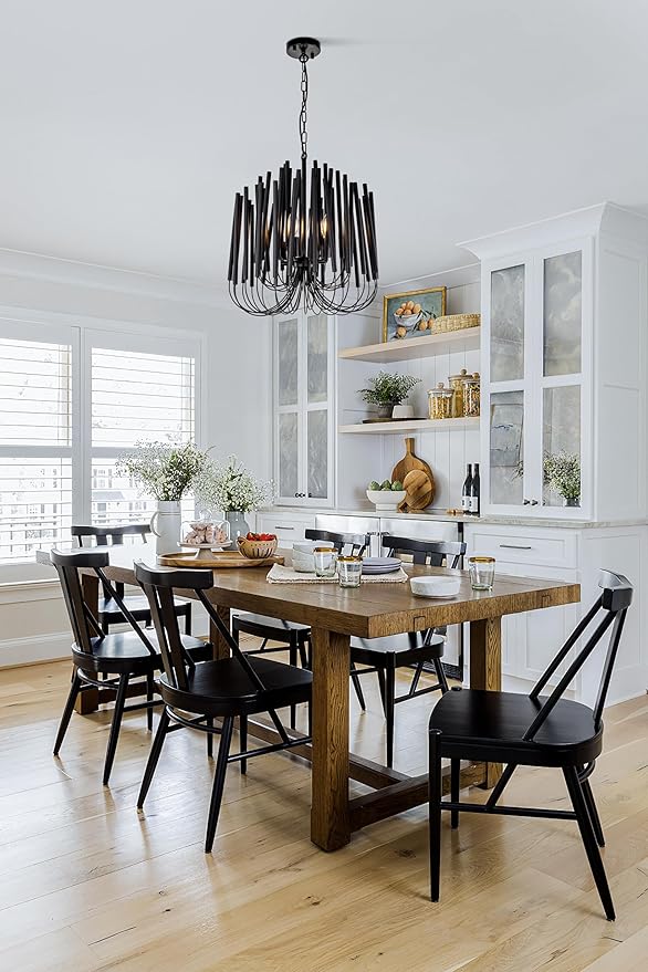 TOCHIC Modern Farmhouse Chandelier for Dining Room 18", Small Vintage Black Wood Chandeliers Light for Living Room, Rustic Pendant Lighting Fixture Ceiling Hanging for Foyer Bedroom Entryway