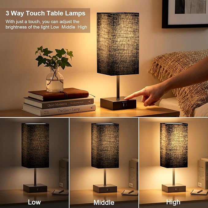 Bedside Lamp for Bedroom Touch Control Nightstand Lamp with USB C+A | Table Lamp Black Lampshade 14-inch, 3 Way Dimmable, Small Bedside Lamps for Living Room ,Dorm, Office, LED Bulbs Included