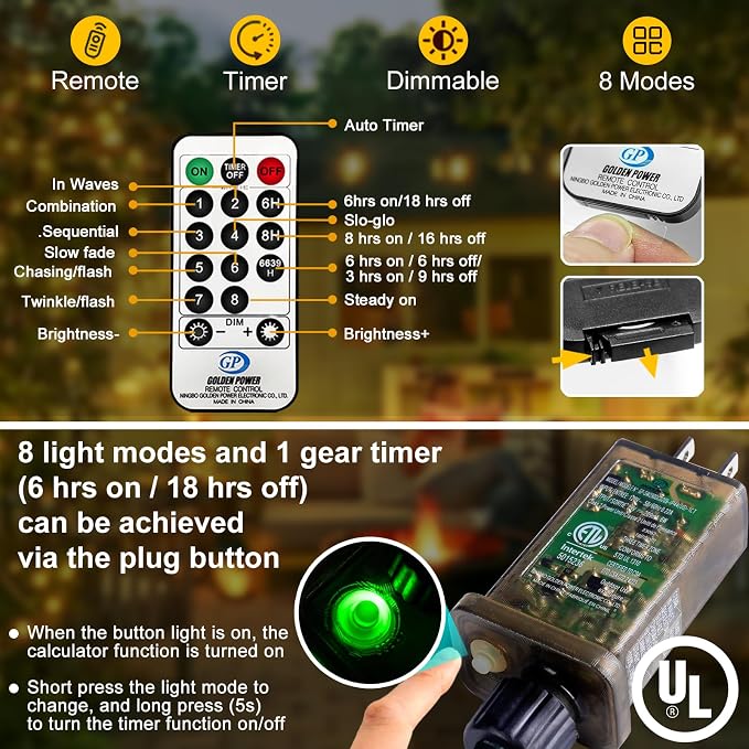 KNONEW 400FT 1200LED Green Wire Outdoor Fairy Lights Plug in Warm White | Timer,Memory,Dimmable,Remote,Waterproof,Green Wire,Invisible in Greenery,for Garden,Wedding,Party, Indoor/Outdoor, Christmas