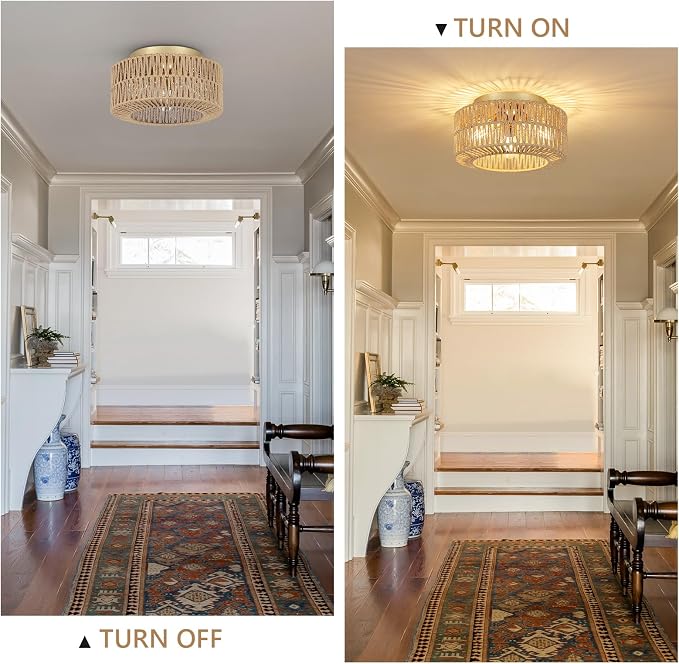 PAUFUL Boho Light Fixtures, 3-Light Farmhouse Rattan Ceiling Light, Flush Mount with Hand-Woven Shade, Modern Chandelier for Living, Bedroom, Entryway, Kitchen, Nursery