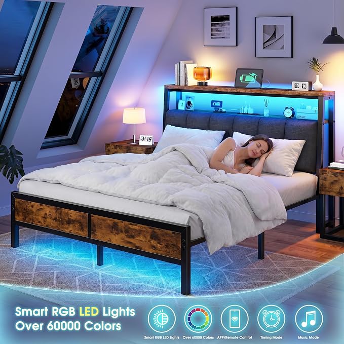 Homkdom Full Size Bed Frame with Headboard & Charging Station | Linen Upholstery, 2-Tier Shelf, 2 Outlets, USB-A, Type-C, RGB LED Remote, 12" Underbed Space, 900 lbs, No Box Spring, Brown