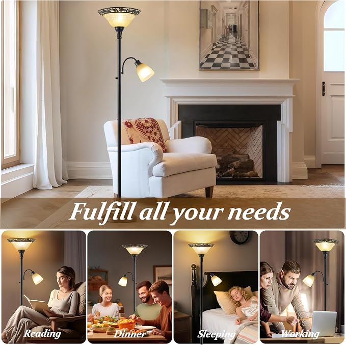 Luvkczc Torchiere Floor Lamps for Living Room, 70" Lamps for Living Room with Etched Glass Shade, Metal Pole & Heavy Base, Vintage Standing lamp Decor for Bedroom, Living Room, Office