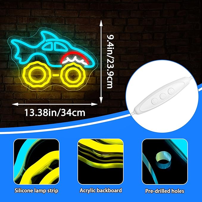 Monster Truck Neon Sign for Wall Decor Dimmable Monster Truck Neon Light for Man Cave Birthday Car Gifts for Teen Boys Men Led Car Sign for Teen Boys Bedroom Game Room Decor Size 13.3* 9.4In(WZCP322)