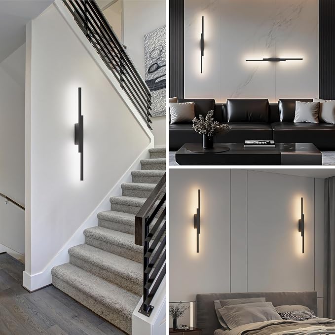 Aipsun Black Wall Sconces Set of Two Battery Operated Wall Sconces 3000K-6000K Dimmable LED Wireless Wall Lights for Living Room,Bedroom,10,000mAh,23.6Inch (2 Pack)