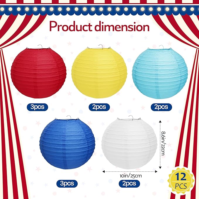 12 PCS Circus Theme Party Decorations, Red Yellow Blue Paper Lanterns, Summer Party Decorations for Beach Pool Hawaiian Carnival Circus Birthday Party Supplies