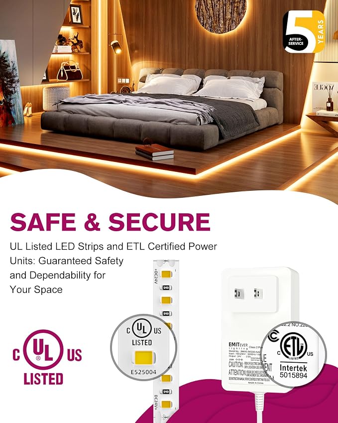EMITEVER Warm White LED Strip Light Kit 2700K,16.4ft 600LEDs,24V Dimmable | CRI 95+,240+LM/ft.ETL 48W power supply & remote included, UL listed Strip for living room,kitchen,under cabinet & shelving