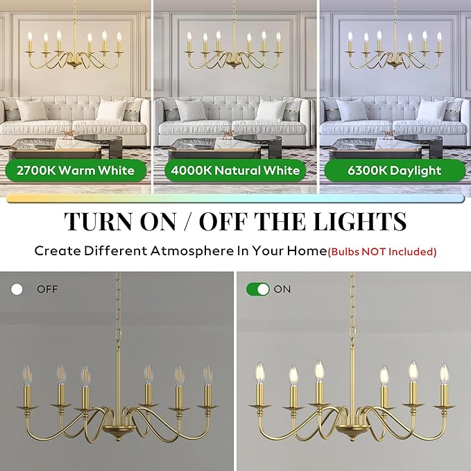 Rustic Farmhouse Candle Chandelier for Dining Room, 6-Light Rustic Black Iron Light Fixture with Classic S-Arm Design for Kitchen Island, Living Room, Foyer-Brass Gold