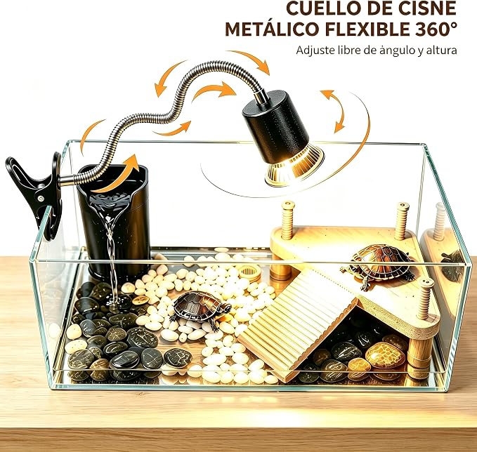Reptile Heat Lamp, Timer & Dimmable UVA UVB Turtle Basking Light Fixture with 2 Pcs 50W Bulb, 360° Flexible Gooseneck Heating Lamp with Clamp for Turtle, Lizard, Snake, Chameleon, Hermit Crab