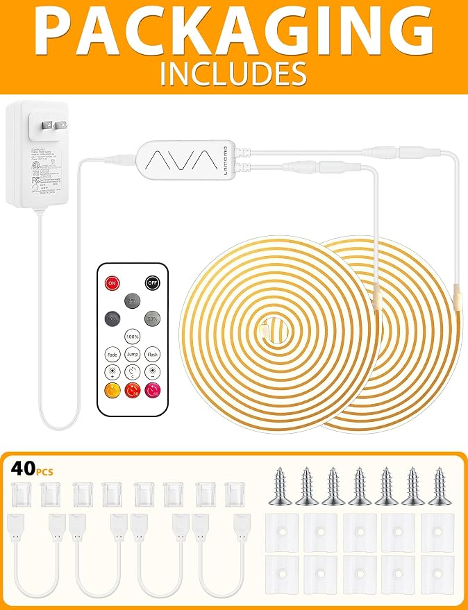 Lamomo COB LED Strip Lights 65.6Ft, 2 Roll Warm White Dimmable Self-Adhesive Led Rope Light with Remote, Flexible Cuttable Waterproof 3000K Silicone Neon Tape Lights for Bedroom, Indoor, Cabinet