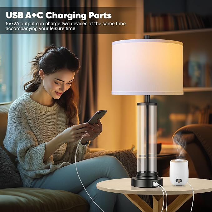Glass Table Lamps Set of 2, Modern Black Dimmable Beside Lamps for Bedroom | 2 Dimmable LED Bulbs, USB A+C Charging Ports, Modern Black Glass Lampshade, Seamless Dimming Touch Control