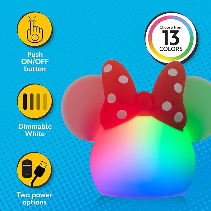 Disney Minnie Mouse Squishy Light, Color Changing, Night Light for Kids, USB Lamp, Battery Operated, Dimmable, Ideal for Bedroom, Playroom, Living Room, and More, 66945