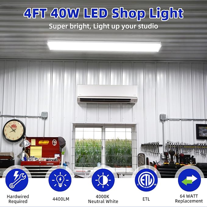 hykolity 4FT 5.7" W LED Wraparound Light with 40W 4400LM 4000K, Hardwired | 4 Foot LED Wrap Light Fixture,2-Lamp 32W Fluorescent Equiv. Flush Mount Office Ceiling Light for Garage Office Kitchen,ETL,4P