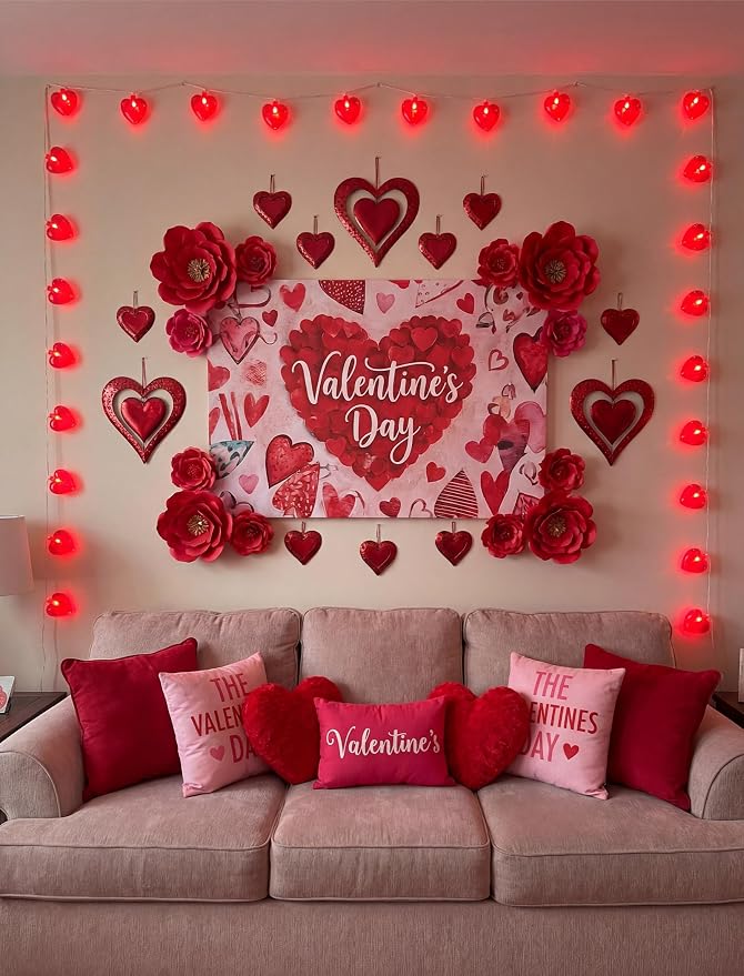 8.5Ft Heart String Lights, Valentines Day Decorations Lights with 10 Red Heart Lights, Plug in Fairy Heart Shape String Lights for Window Wedding Anniversary Bedroom Party Valentine's Day Decorations